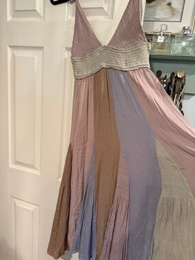 Storia Sleeveless V-Neck Tiered Maxi Dress in Mauve, Taupe, Dusty Blue, Cream